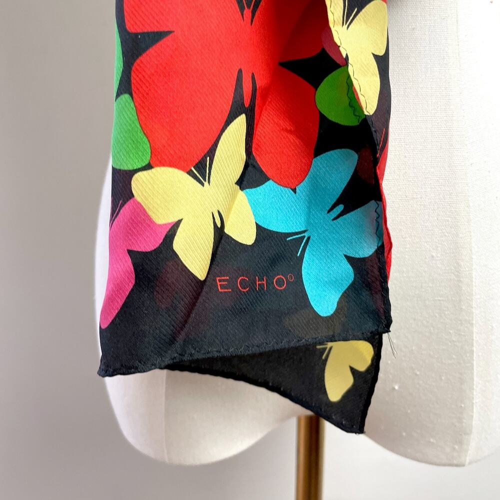 Vintage 90s Y2K Silk Scarf Rectangle Butterflies Colorful Dopamine Maximalist - Picture 2 of 8